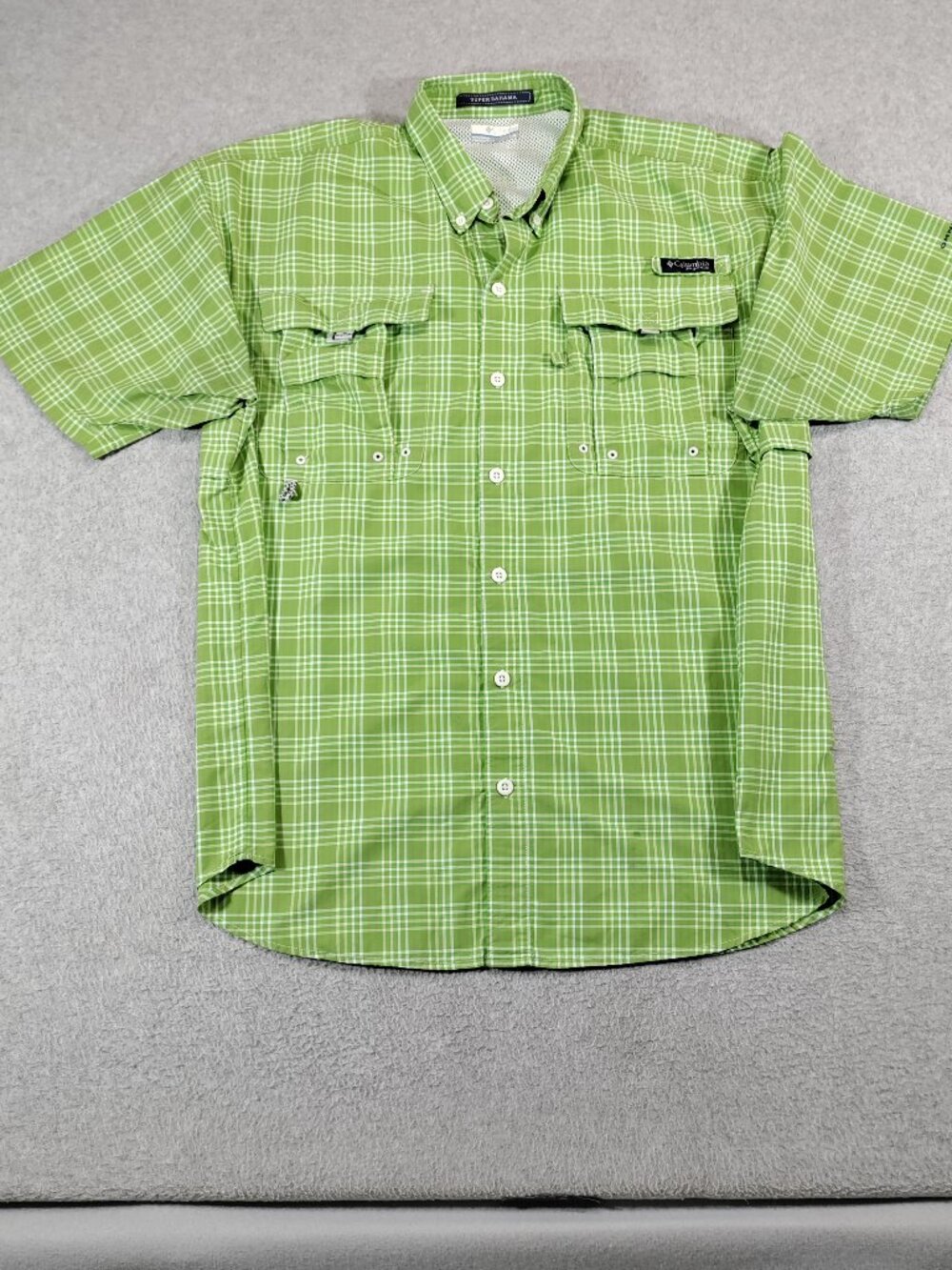 Columbia PFG Super Bahama Shirt Mens Large Green Plaid Vented Fishing